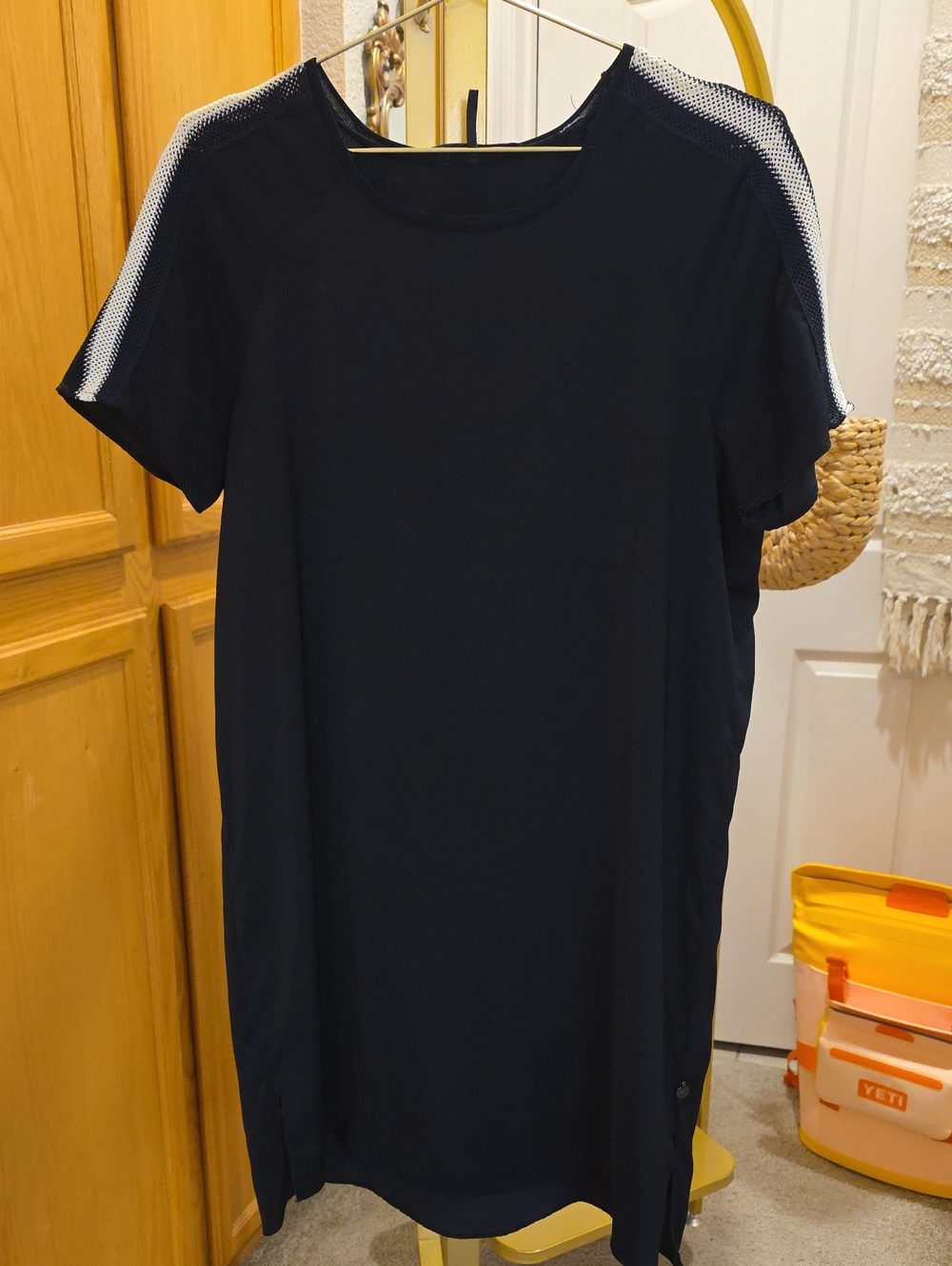 Black Shift Sporty Dress with White Mesh Accent Shoulders S medium